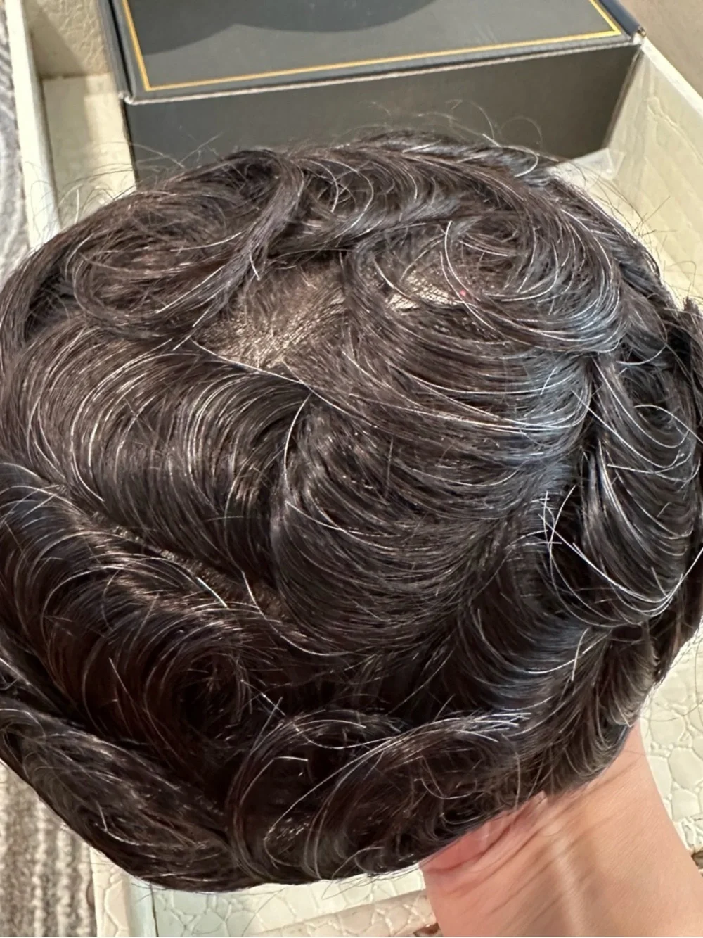 Human Hair Toupee Natural Black mixed with Grey Hairs Hairpiece Toupee #TA7